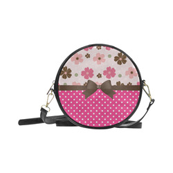 White Pink Polka Dots, Pink Brown Flowers, Floral Pattern and Chocolate Brown Bow Round Sling Bag (Model 1647)