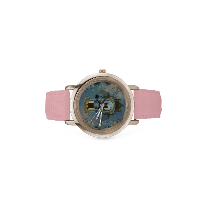 The blue skull with crow Women's Rose Gold Leather Strap Watch(Model 201)