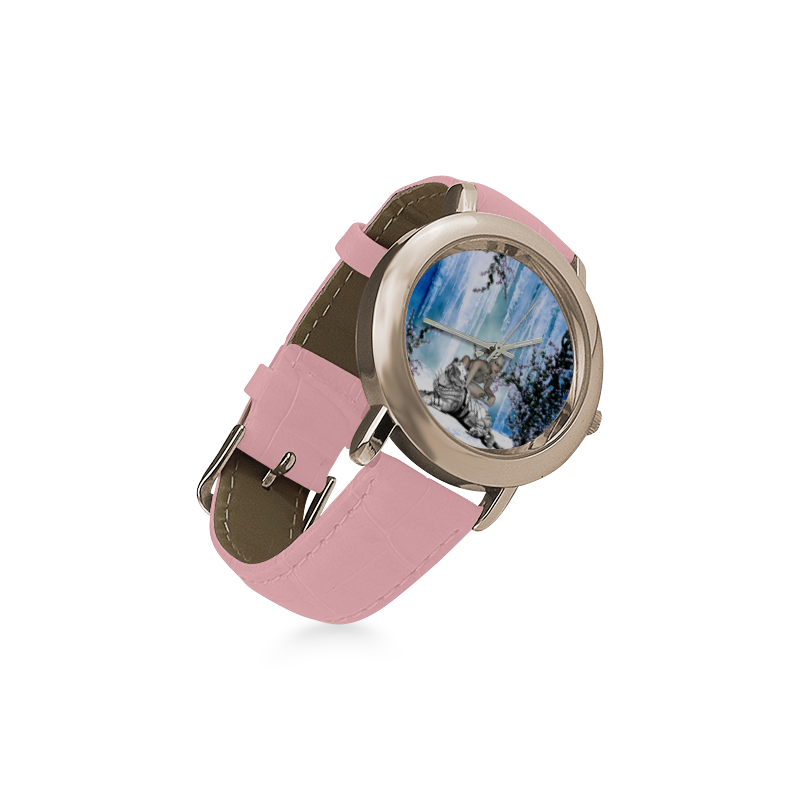Awesome tiger with fantasy girl Women's Rose Gold Leather Strap Watch(Model 201)