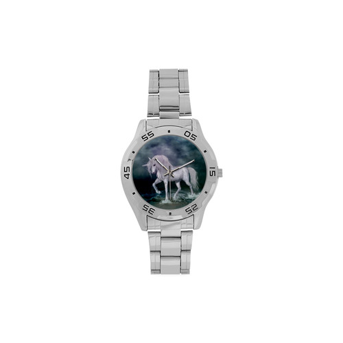 Wonderful white unicorn on the beach Men's Stainless Steel Analog Watch(Model 108)
