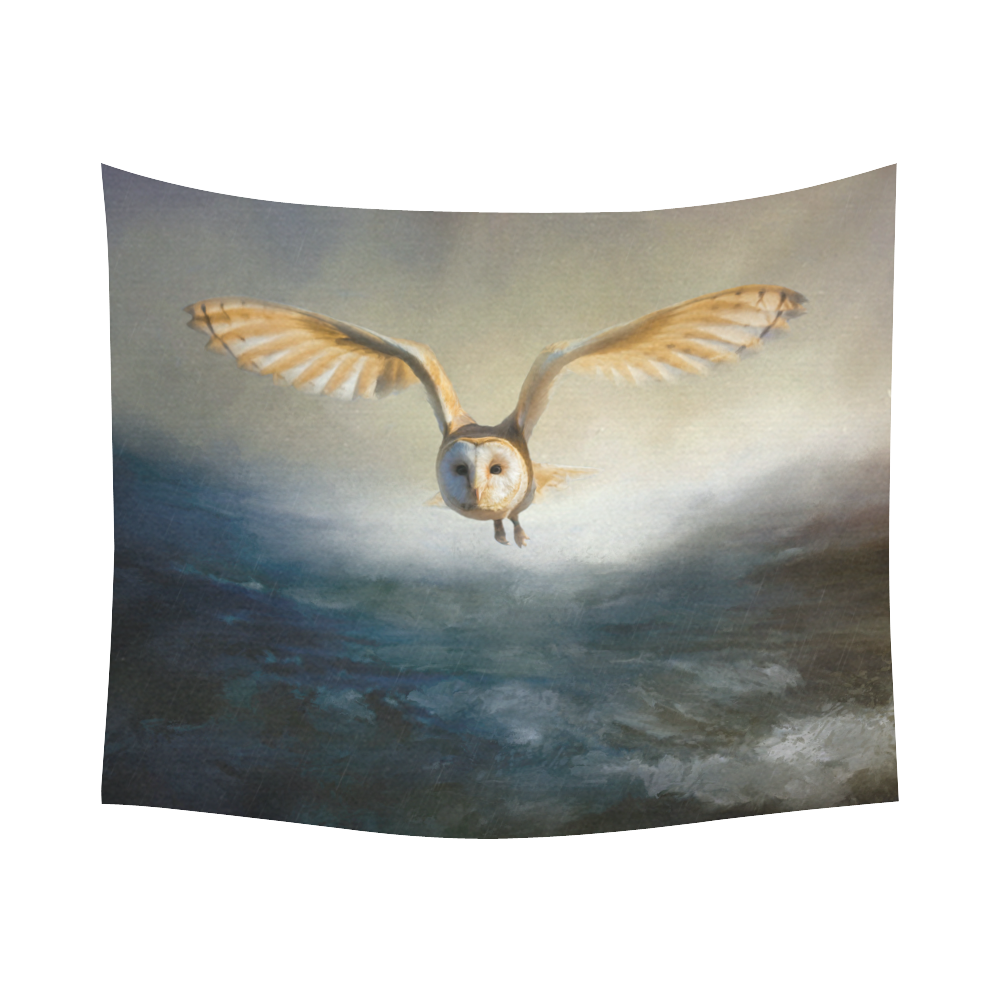 An barn owl flies over the lake Cotton Linen Wall Tapestry 60"x 51"