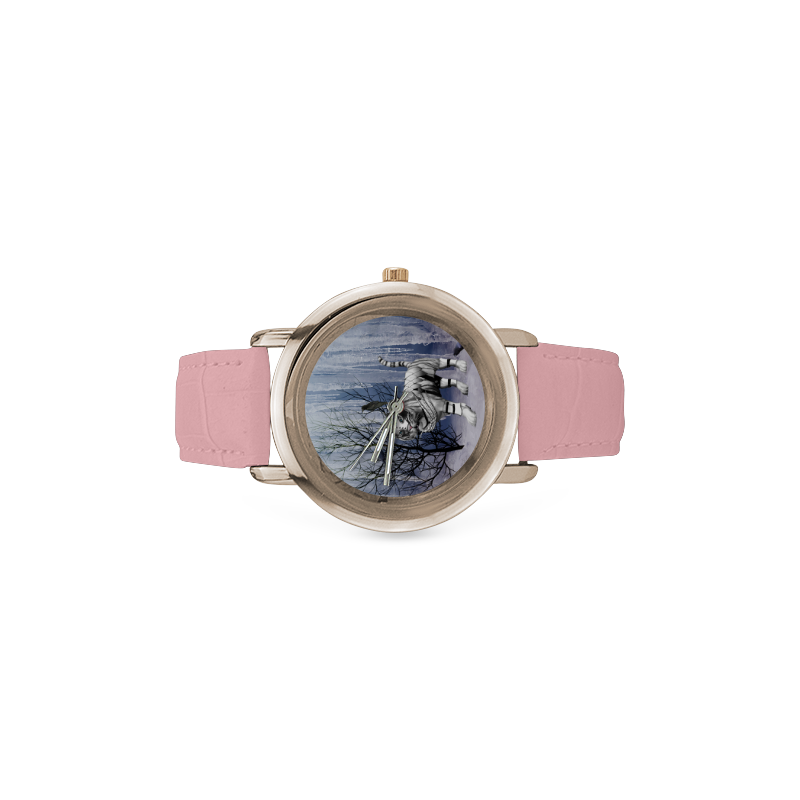Wonderful tiger in the snow landscape Women's Rose Gold Leather Strap Watch(Model 201)