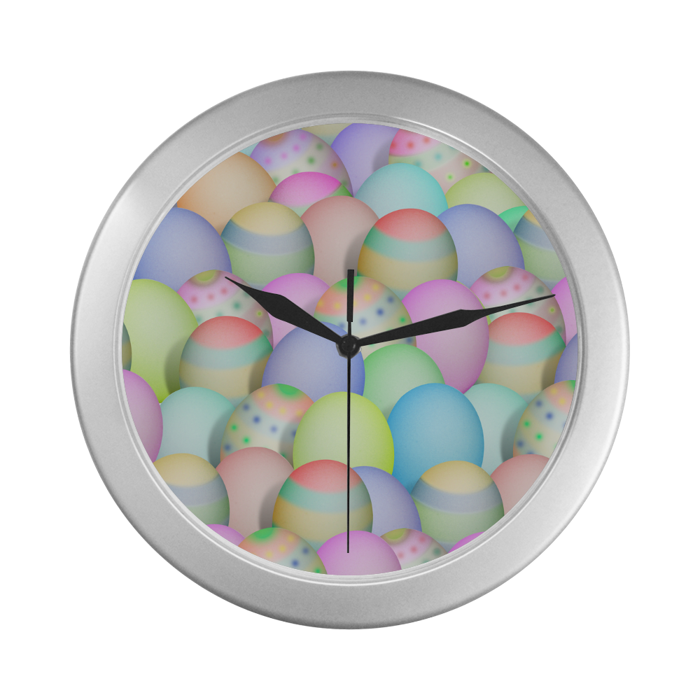 Pastel Colored Easter Eggs Silver Color Wall Clock