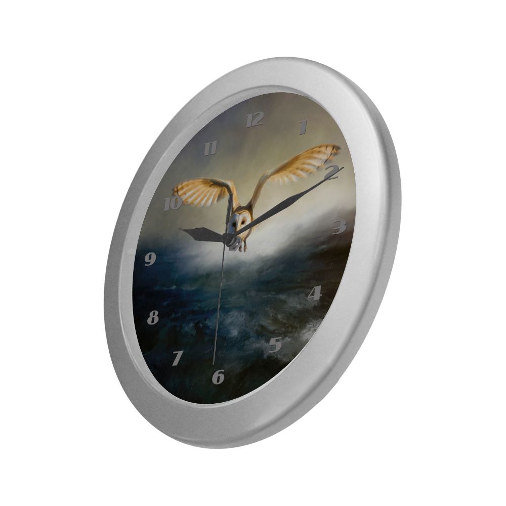 An barn owl flies over the lake Silver Color Wall Clock