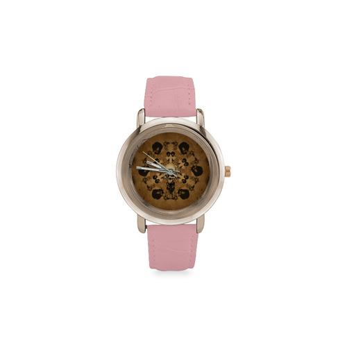 Skull with skull mandala on the background Women's Rose Gold Leather Strap Watch(Model 201)