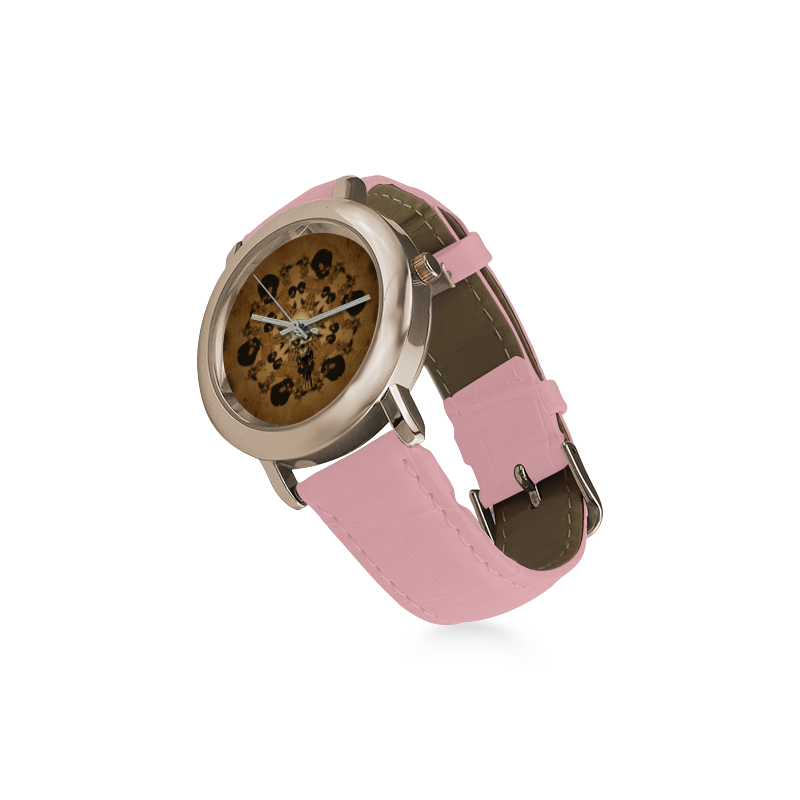 Skull with skull mandala on the background Women's Rose Gold Leather Strap Watch(Model 201)