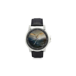 An barn owl flies over the lake Unisex Stainless Steel Leather Strap Watch(Model 202)