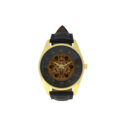 Skull with skull mandala on the background Men's Golden Leather Strap Watch(Model 210)