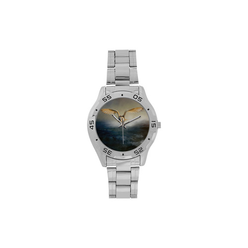 An barn owl flies over the lake Men's Stainless Steel Analog Watch(Model 108)