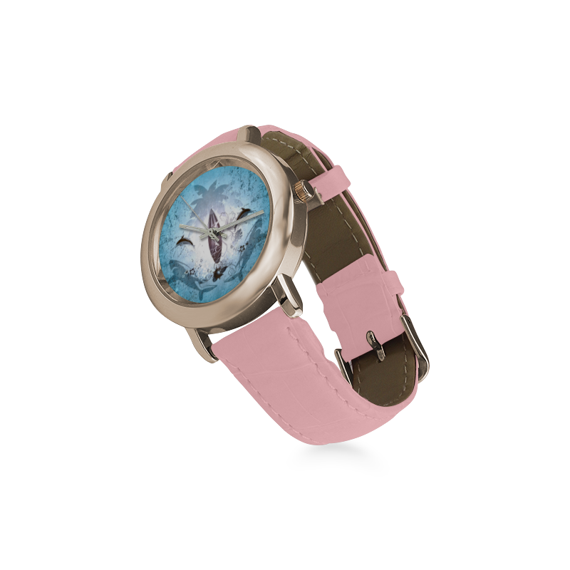 Surfing, surfboard and sharks Women's Rose Gold Leather Strap Watch(Model 201)