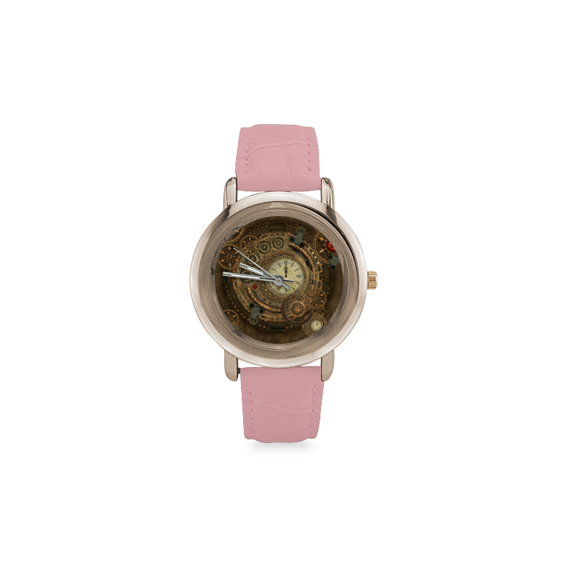 Steampunk, awesome clockwork Women's Rose Gold Leather Strap Watch(Model 201)