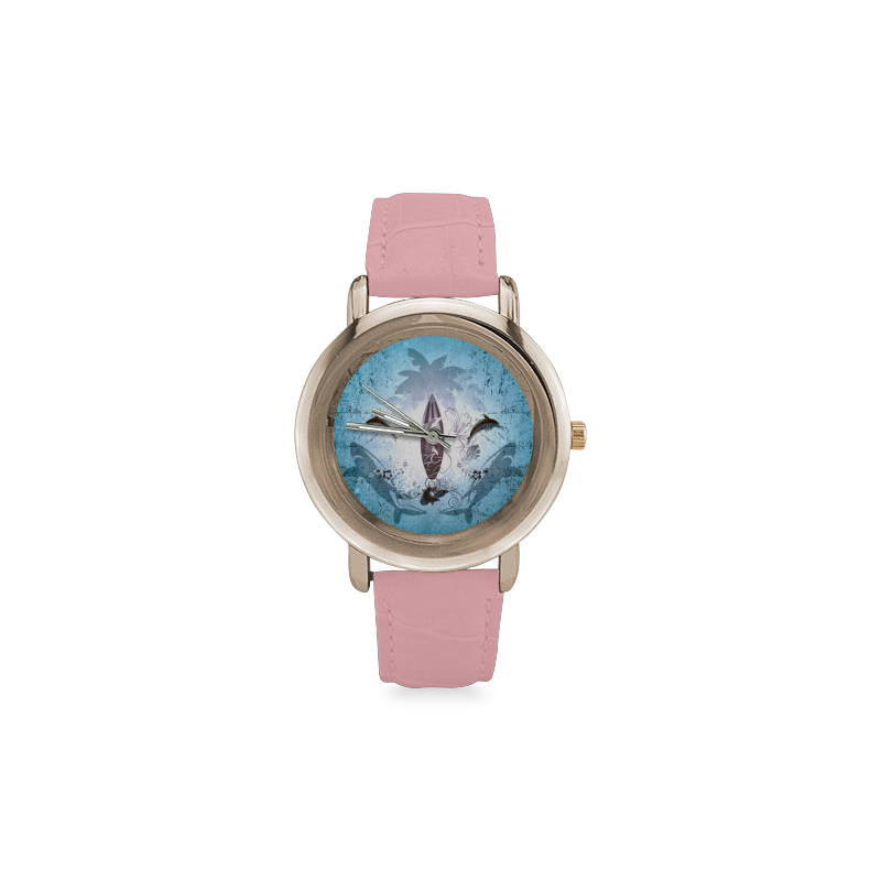 Surfing, surfboard and sharks Women's Rose Gold Leather Strap Watch(Model 201)