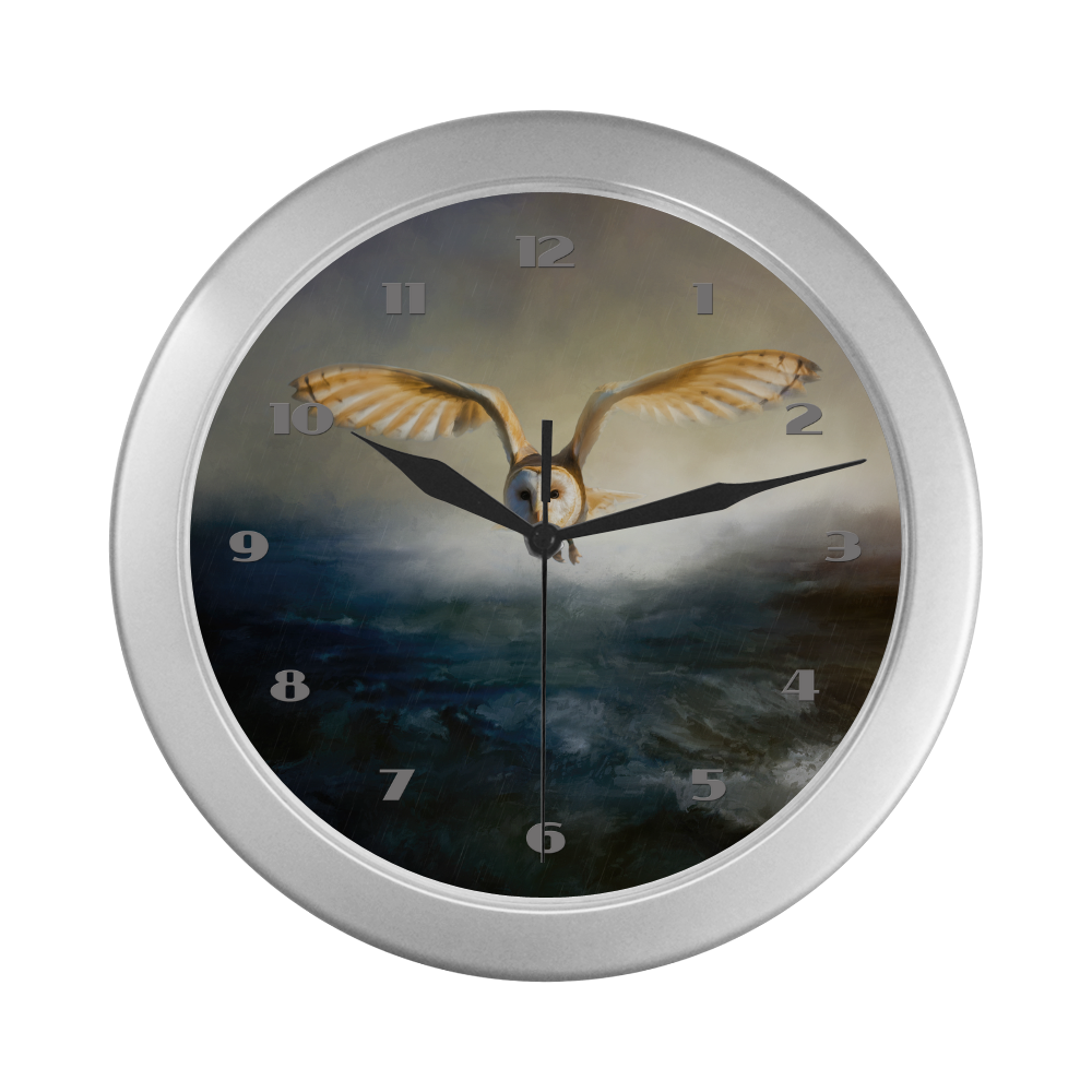 An barn owl flies over the lake Silver Color Wall Clock