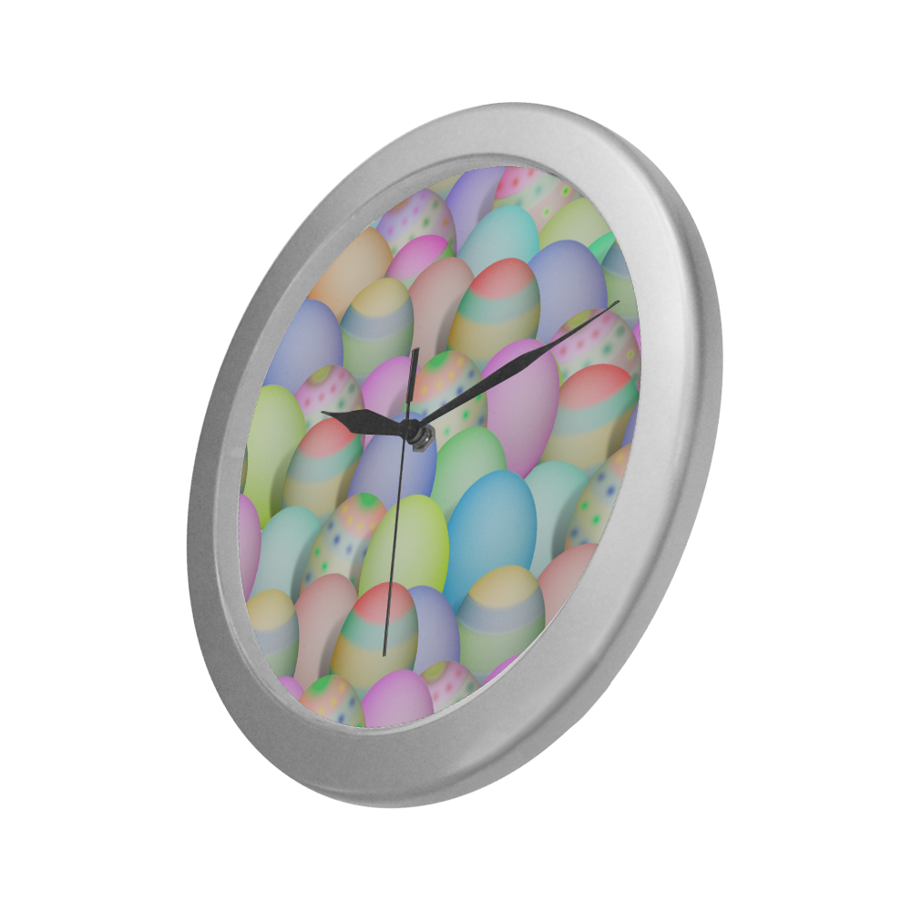 Pastel Colored Easter Eggs Silver Color Wall Clock