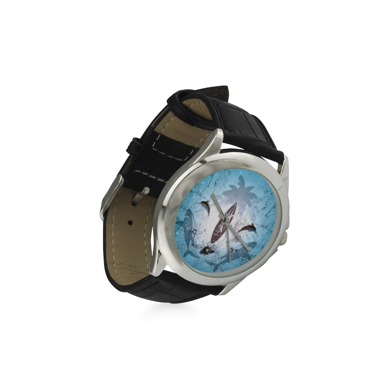 Surfing, surfboard and sharks Women's Classic Leather Strap Watch(Model 203)