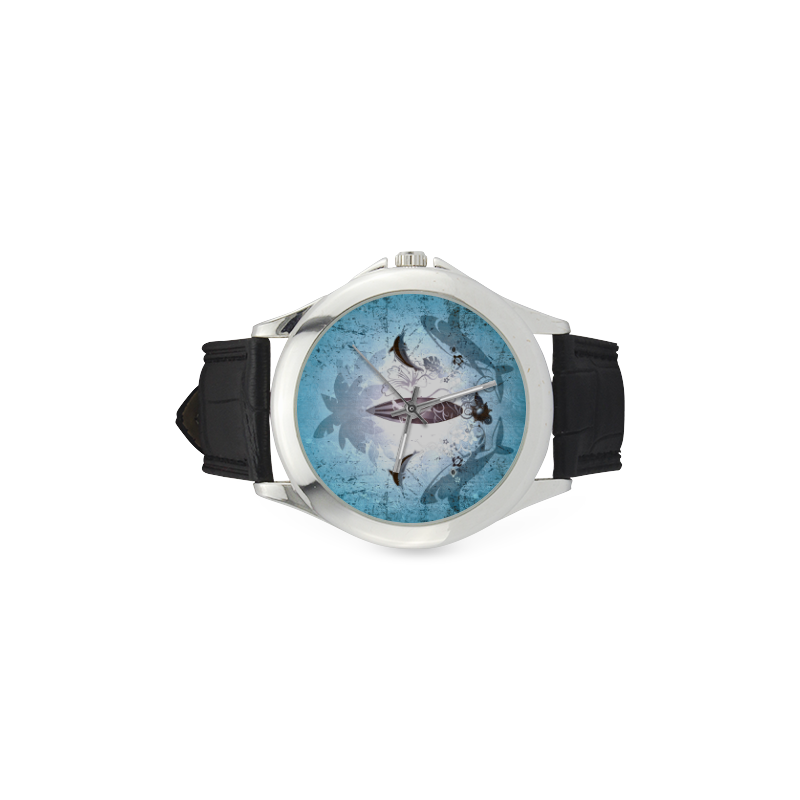Surfing, surfboard and sharks Women's Classic Leather Strap Watch(Model 203)