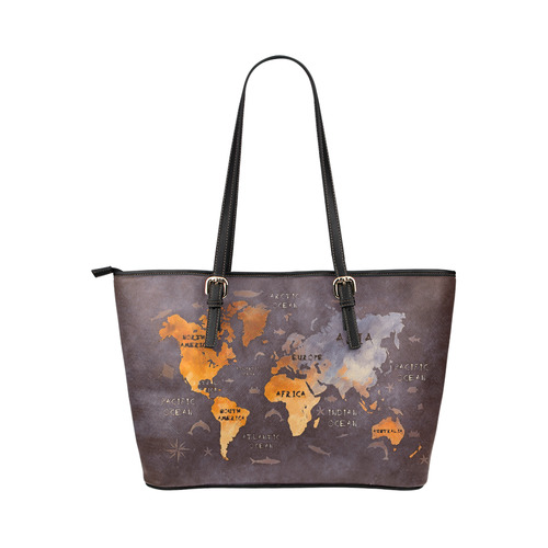 world map Leather Tote Bag/Large (Model 1651)