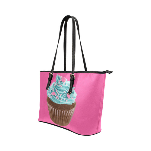 Blue Cupcake, Pink Sprinkles, Chocolate Brown, on Pink Leather Tote Bag/Small (Model 1651)