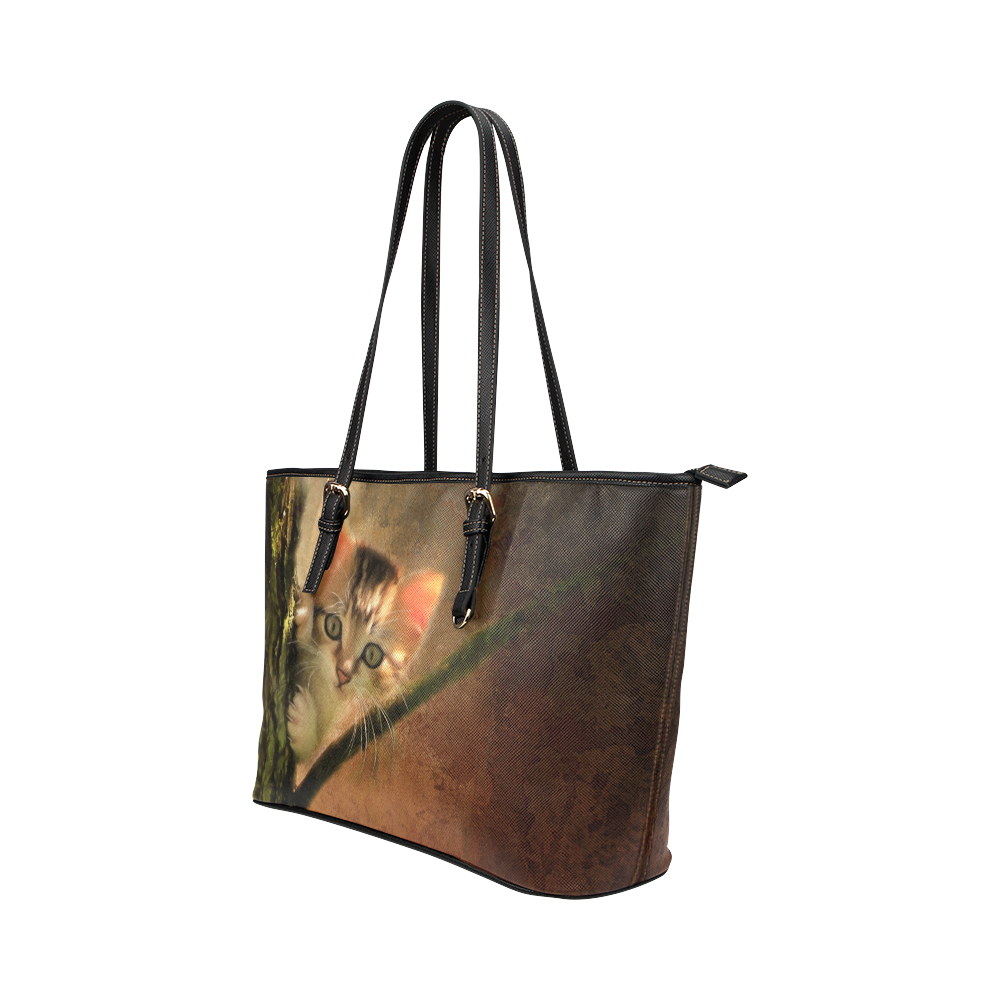 Little cute kitten on a tree Leather Tote Bag/Large (Model 1651)