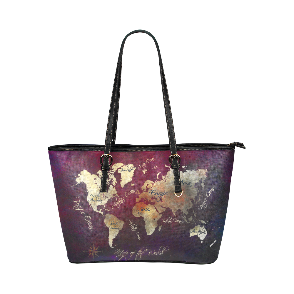 world map Leather Tote Bag/Large (Model 1651)