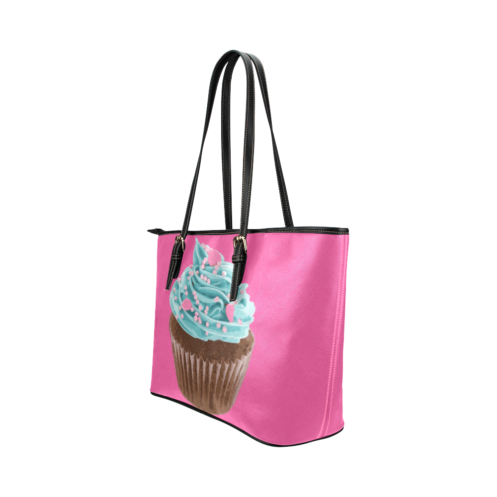 Blue Cupcake, Pink Sprinkles, Chocolate Brown, on Pink Leather Tote Bag/Small (Model 1651)