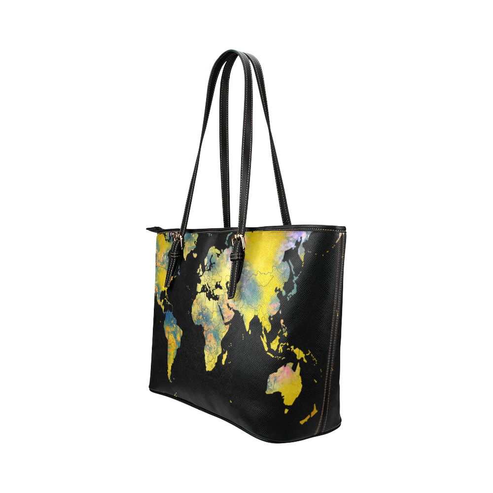 world map Leather Tote Bag/Large (Model 1651)