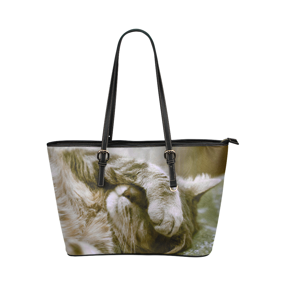 Cat Nap Funny Feline Photo Art Leather Tote Bag/Large (Model 1651)