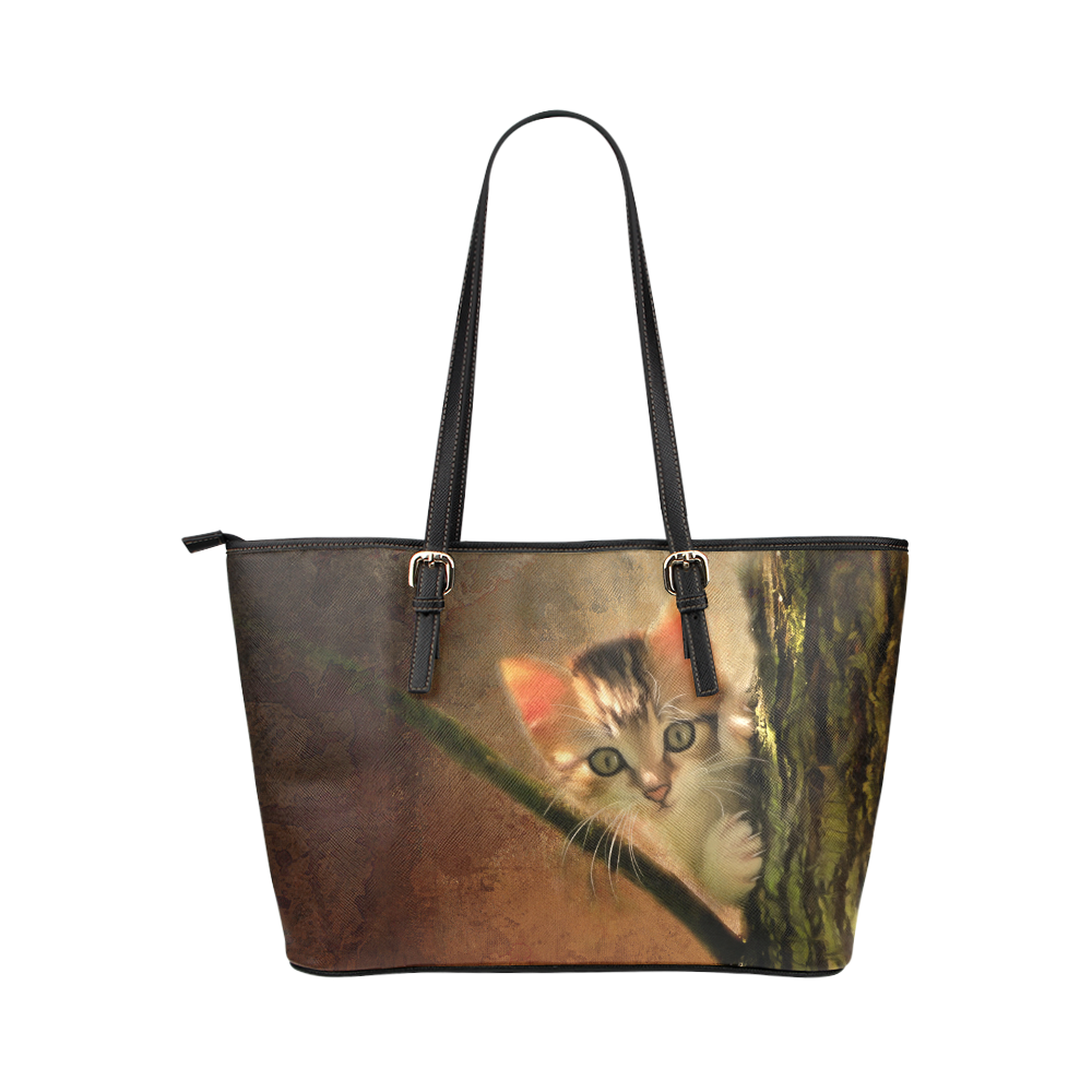 Little cute kitten on a tree Leather Tote Bag/Large (Model 1651)