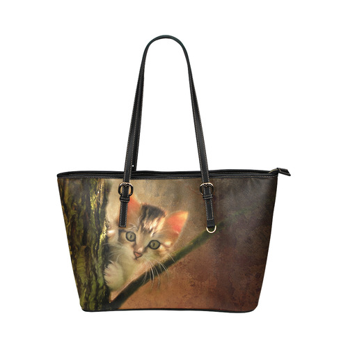 Little cute kitten on a tree Leather Tote Bag/Large (Model 1651)