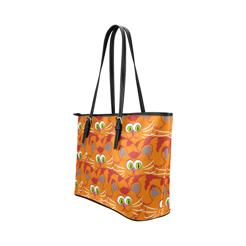 Funny Cartoon Cats Orange Tabby Leather Tote Bag/Large (Model 1651)