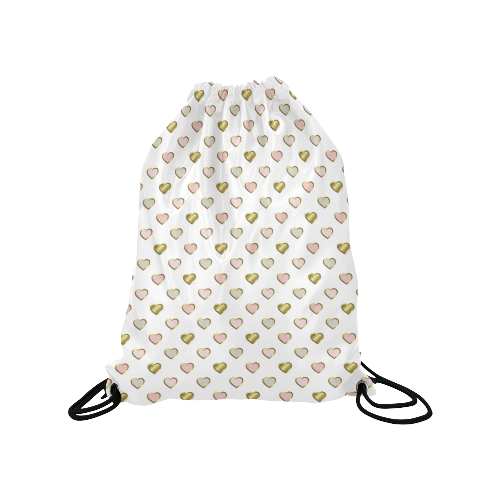 Pink Gold Metallic Hearts Pattern Medium Drawstring Bag Model 1604 (Twin Sides) 13.8"(W) * 18.1"(H)