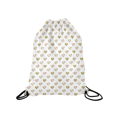 Pink Gold Metallic Hearts Pattern Medium Drawstring Bag Model 1604 (Twin Sides) 13.8"(W) * 18.1"(H)