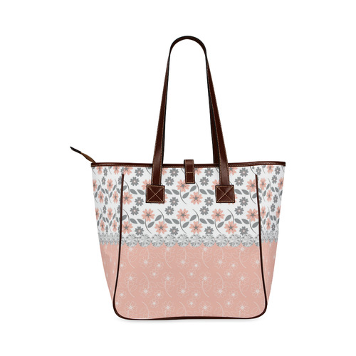 Grey Peach Flowers, Silver Gemstones, Sparkly Floral Pattern Classic Tote Bag (Model 1644)