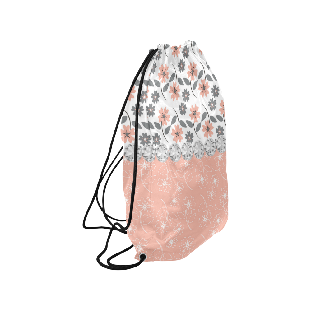 Grey Peach Flowers, Silver Gemstones, Sparkly Floral Pattern Medium Drawstring Bag Model 1604 (Twin Sides) 13.8"(W) * 18.1"(H)