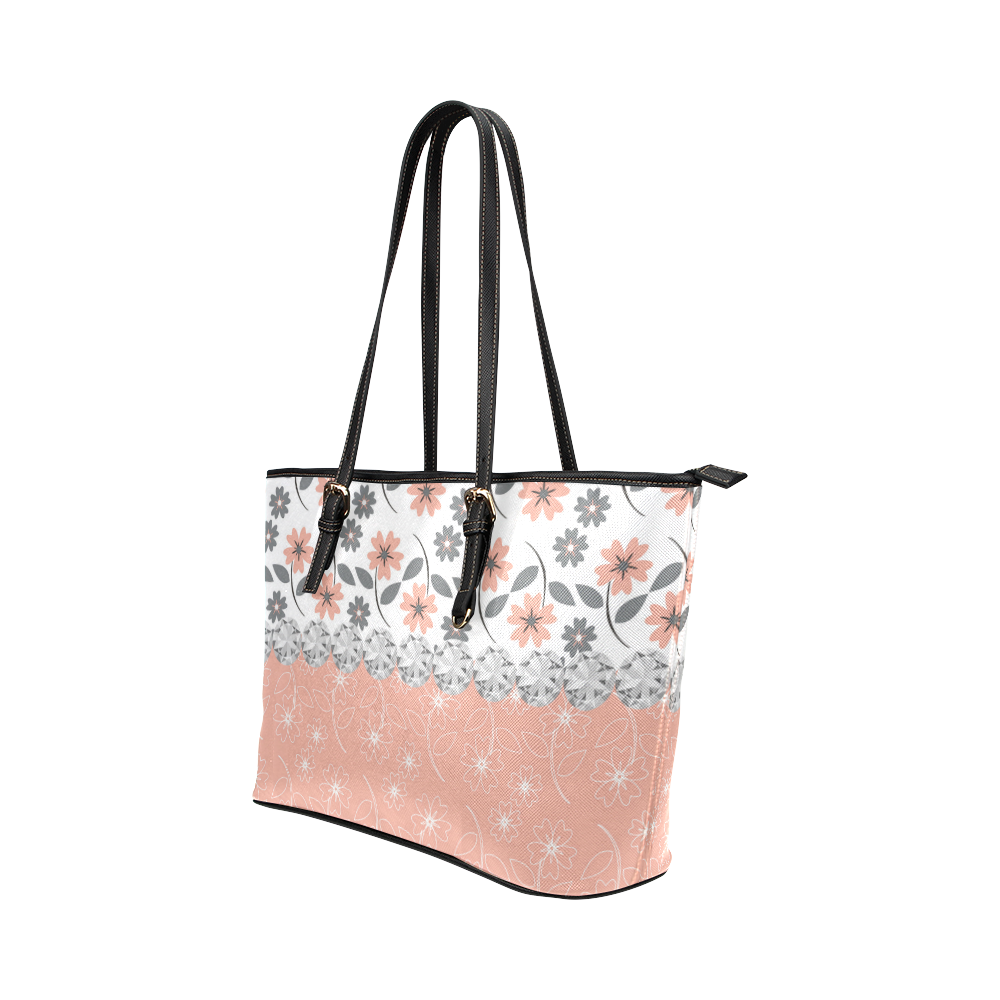 Grey Peach Flowers, Silver Gemstones, Sparkly Floral Pattern Leather Tote Bag/Small (Model 1651)