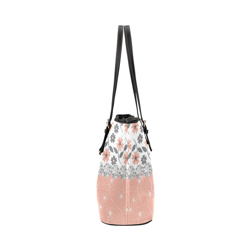 Grey Peach Flowers, Silver Gemstones, Sparkly Floral Pattern Leather Tote Bag/Small (Model 1651)