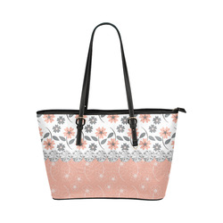 Grey Peach Flowers, Silver Gemstones, Sparkly Floral Pattern Leather Tote Bag/Small (Model 1651)