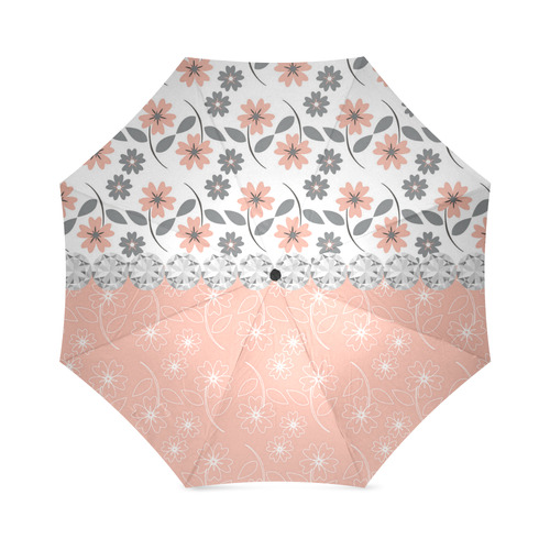 Grey Peach Flowers, Silver Gemstones, Sparkly Floral Pattern Foldable Umbrella (Model U01)