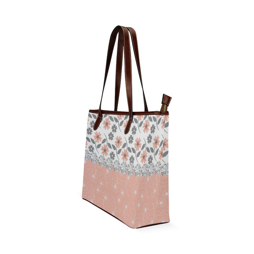 Grey Peach Flowers, Silver Gemstones, Sparkly Floral Pattern Shoulder Tote Bag (Model 1646)