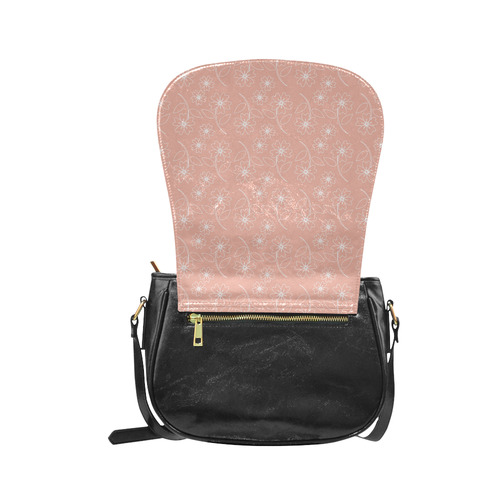 Peach Pink Flower White Outline Design, Floral Pattern Classic Saddle Bag/Small (Model 1648)