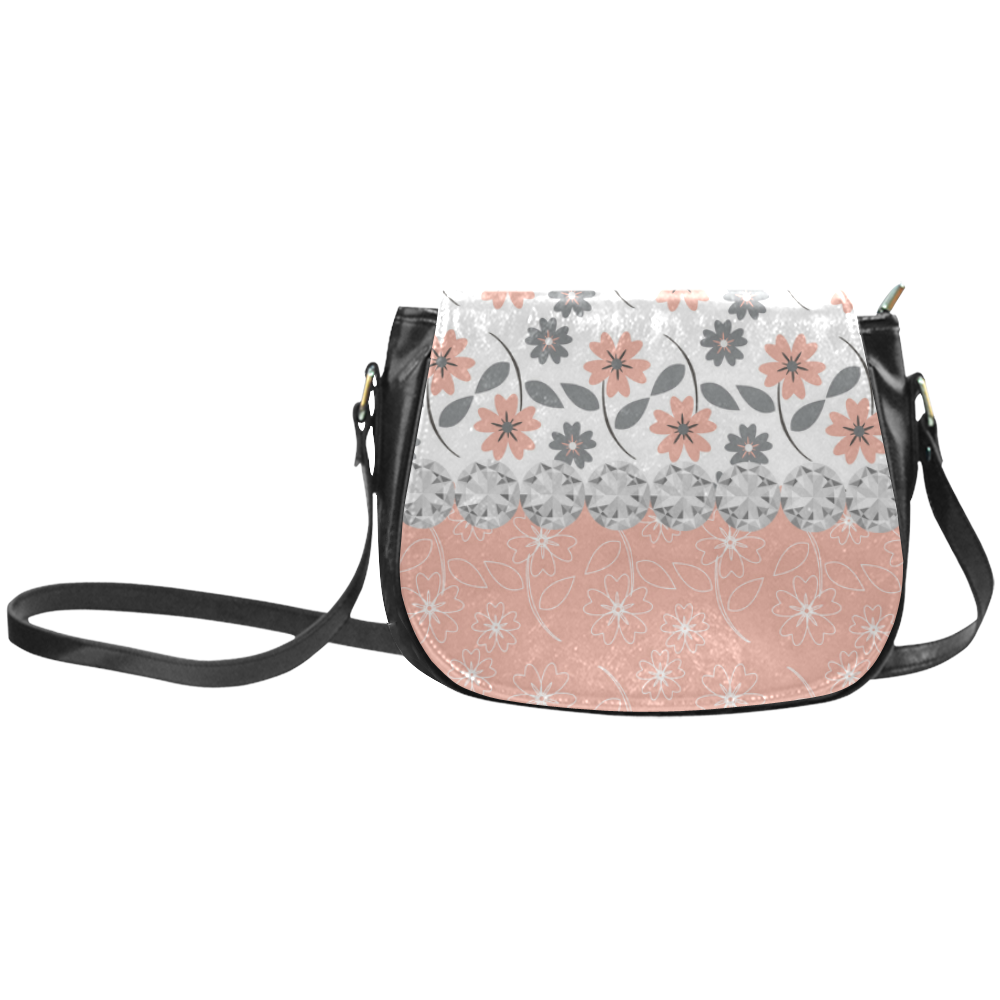 Grey Peach Flowers, Silver Gemstones, Sparkly Floral Pattern Classic Saddle Bag/Small (Model 1648)