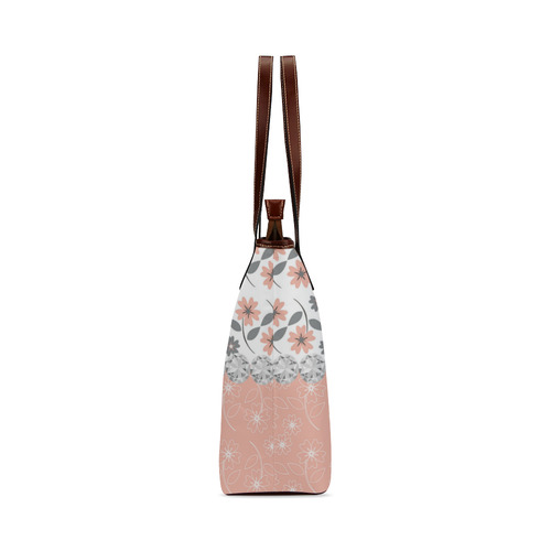 Grey Peach Flowers, Silver Gemstones, Sparkly Floral Pattern Shoulder Tote Bag (Model 1646)