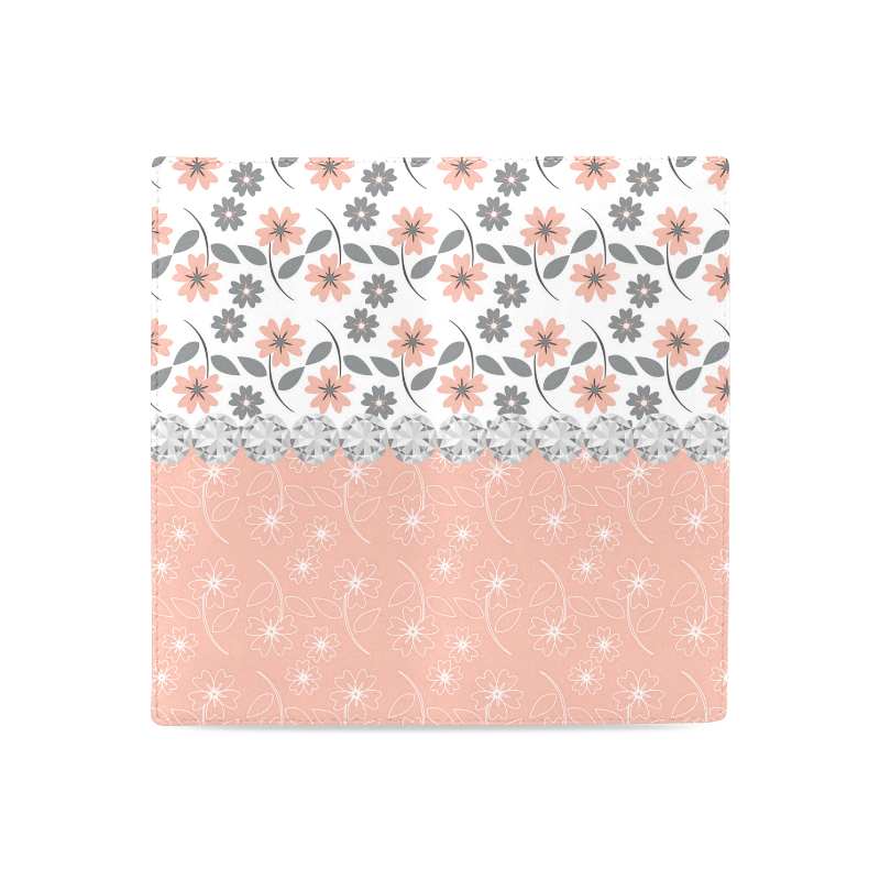 Grey Peach Flowers, Silver Gemstones, Sparkly Floral Pattern Women's Leather Wallet (Model 1611)