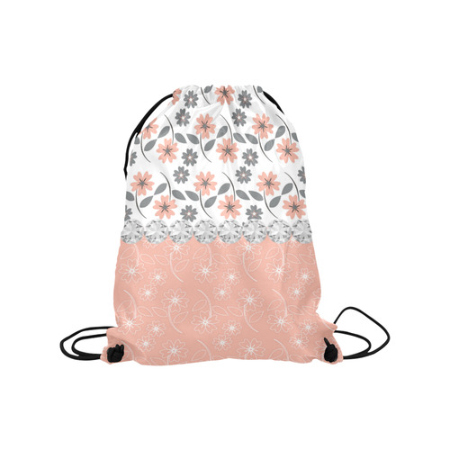 Grey Peach Flowers, Silver Gemstones, Sparkly Floral Pattern Medium Drawstring Bag Model 1604 (Twin Sides) 13.8"(W) * 18.1"(H)