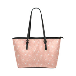 Peach Pink Flower White Outline Design, Floral Pattern Leather Tote Bag/Small (Model 1651)
