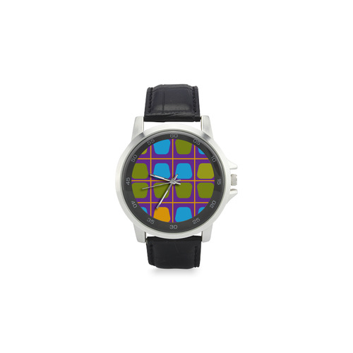 Shapes in squares pattern34 Unisex Stainless Steel Leather Strap Watch(Model 202)