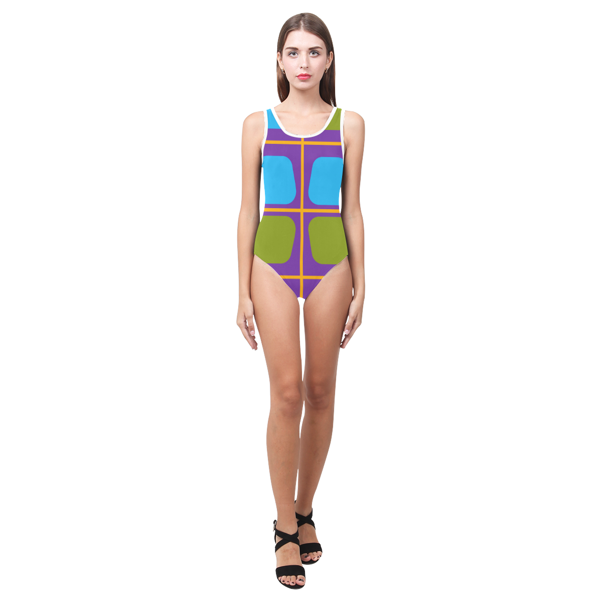 Shapes in squares pattern34 Vest One Piece Swimsuit (Model S04)