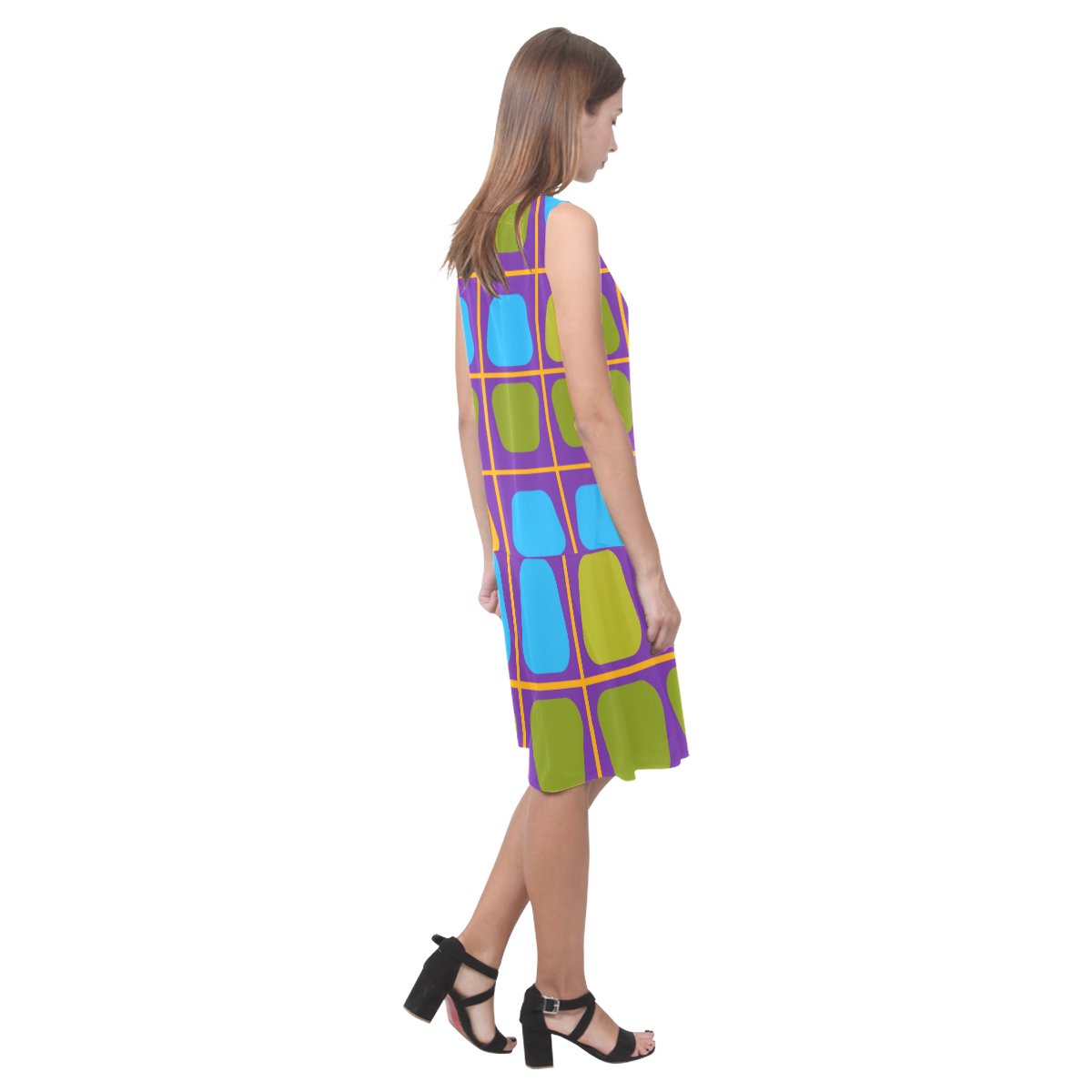 Shapes in squares pattern34 Sleeveless Splicing Shift Dress(Model D17)