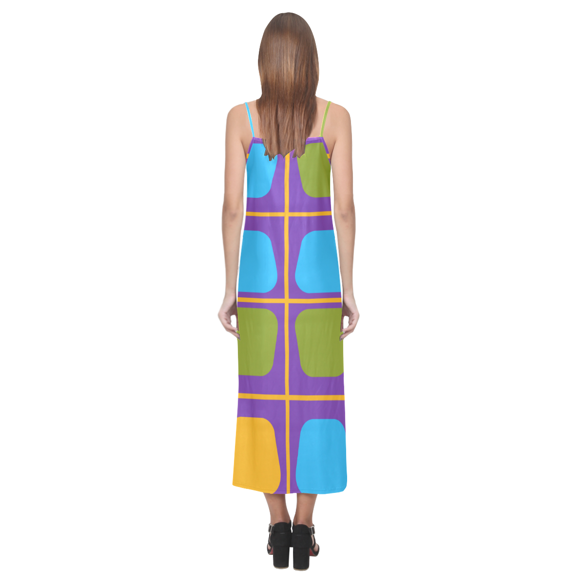 Shapes in squares pattern34 V-Neck Open Fork Long Dress(Model D18)