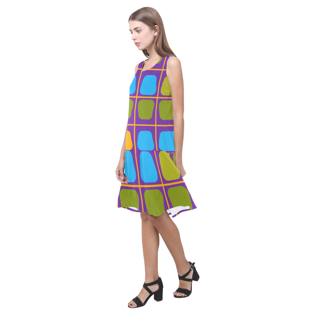 Shapes in squares pattern34 Sleeveless Splicing Shift Dress(Model D17)
